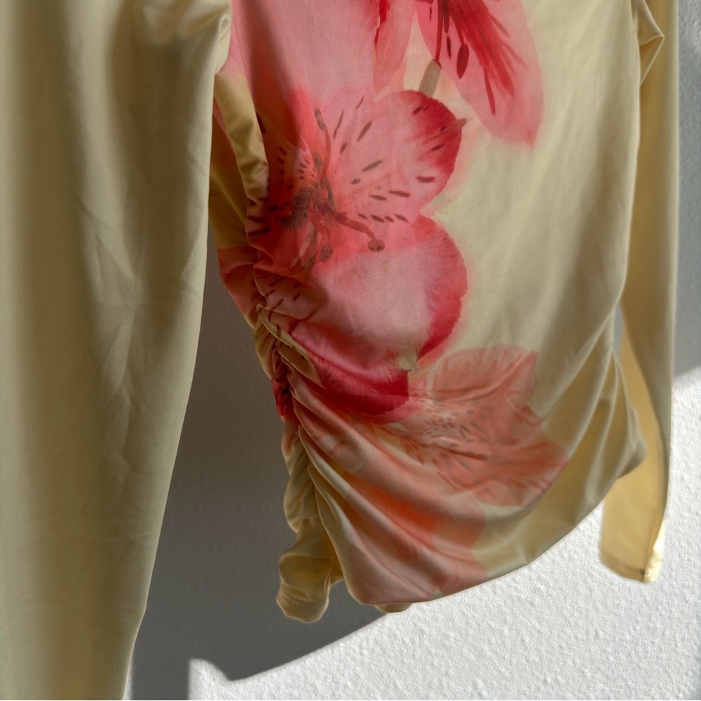 Madden Girl Floral Off Shoulder Ruched Top S Yellow Long Sleeve Y2K Fairycore - Picture 5 of 15